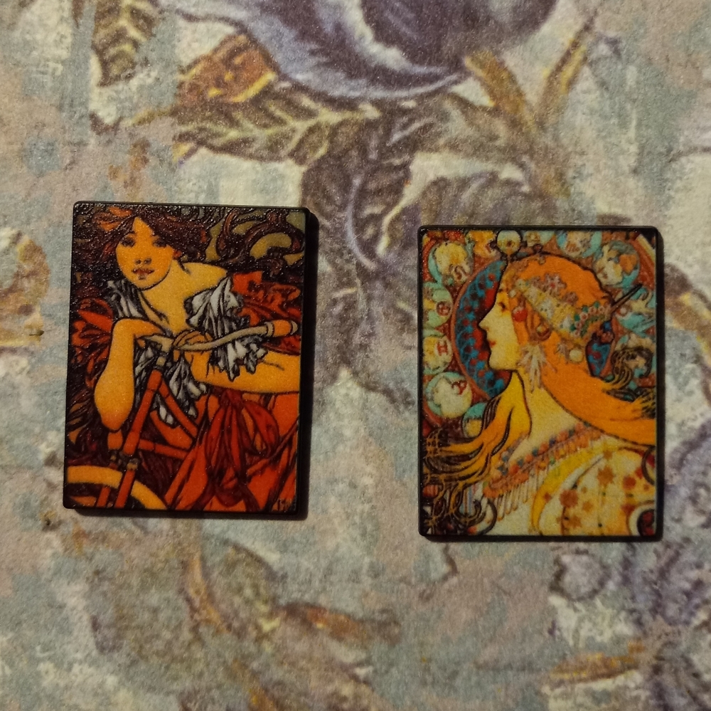 Alphonse Mucha pins, Art Nouveau hat pins, rolling paper girl pins